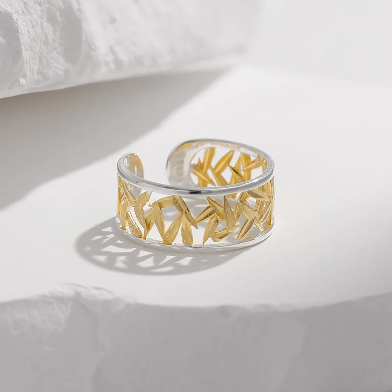 

Real 925 Sterling Silver Hollow Bamboo Leaves Adjustable Rings for Women Engagement Dating High Quality Fine Jewelry