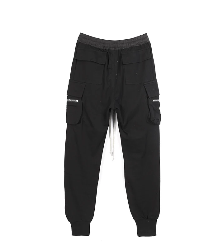 High Street Dark RO Black Pants Men's Side Zipper Pockets Elastic Waist Work Pants with Multiple Pockets Sweatpant Casual Pants