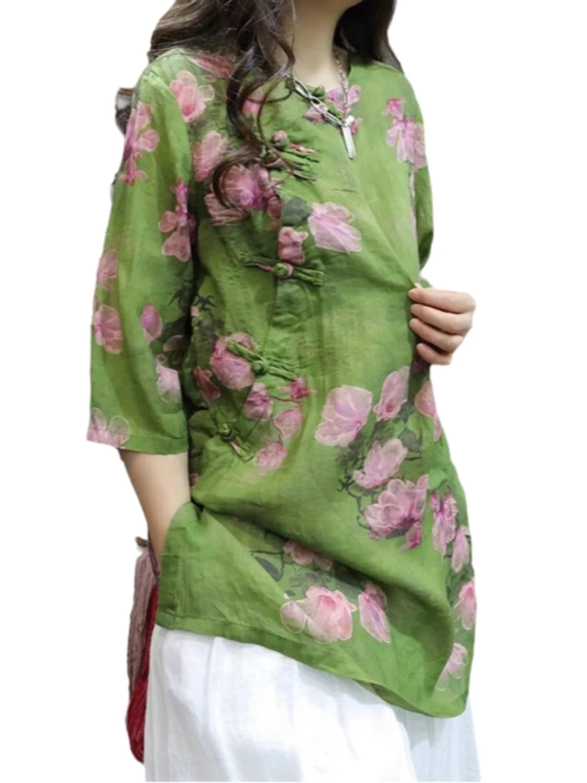 Retro Print Flax irt Women Summer Thin Loose Slimming New Chinese Sle Buttoned Midi Length Linen Top Commute Faion