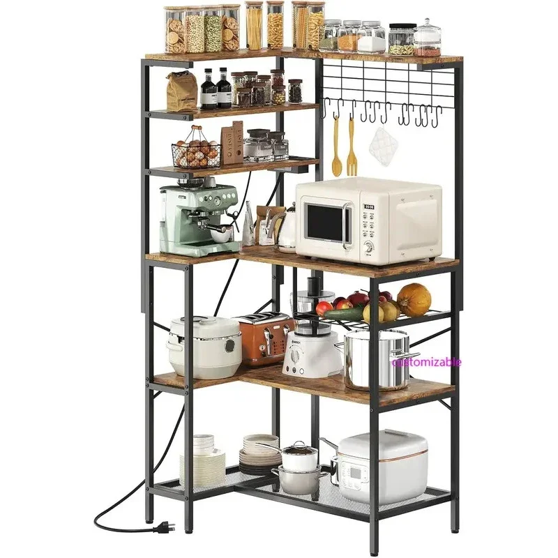 L Shaped Bakers Rack Power Outlet 4 Tier Microwave Stand With Open Storage Coffee Bar Rustic Brown Black