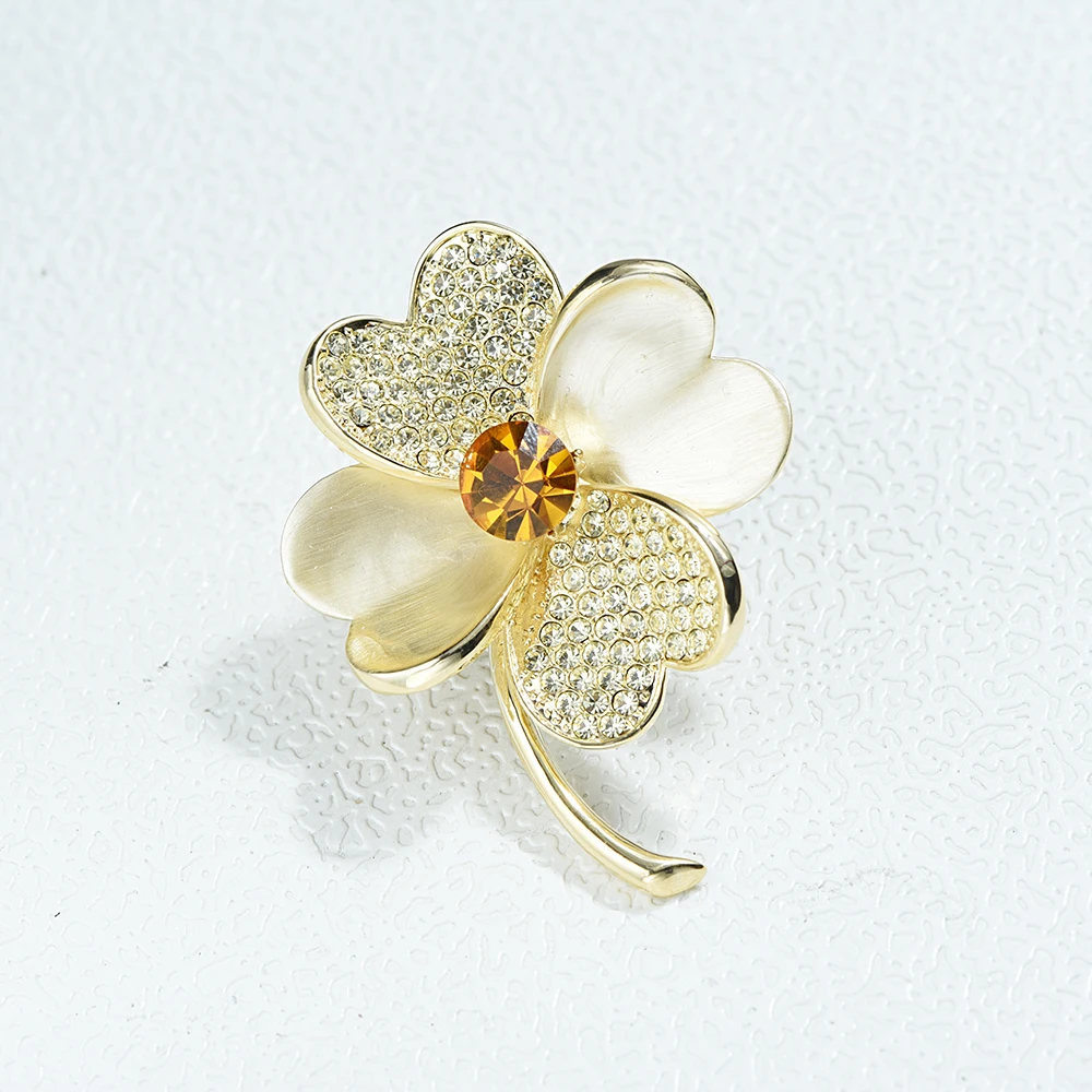 ICEYY Gold Plated Rhinestone Four Leaf Clover BroochFlower Brooches Lapel Pins Jewelry Clothing Accessories Brooch