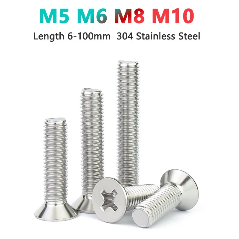 M5 M6 M8 M10 304 Stainless Steel Cross Phillips Flat Countersunk Head Screw Bolt Length 6 8 10 12 14 16 18 20 22 25 30 35-100mm