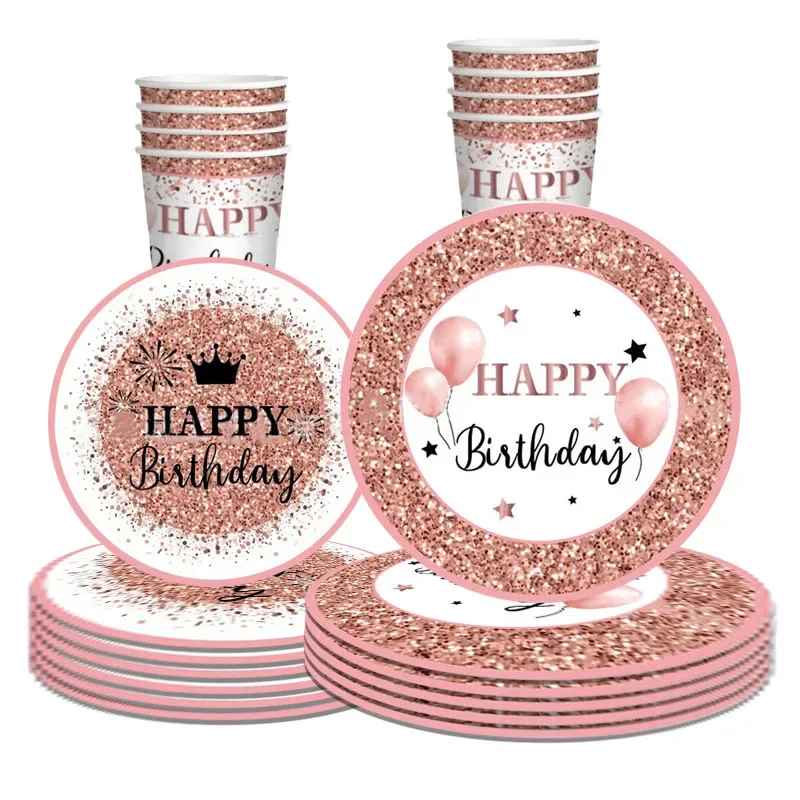 

Rose Gold Girl Birthday Theme Party Disposable Tableware Set Napkins Plates Cups Happy Princess Girl Birthday Party Decor