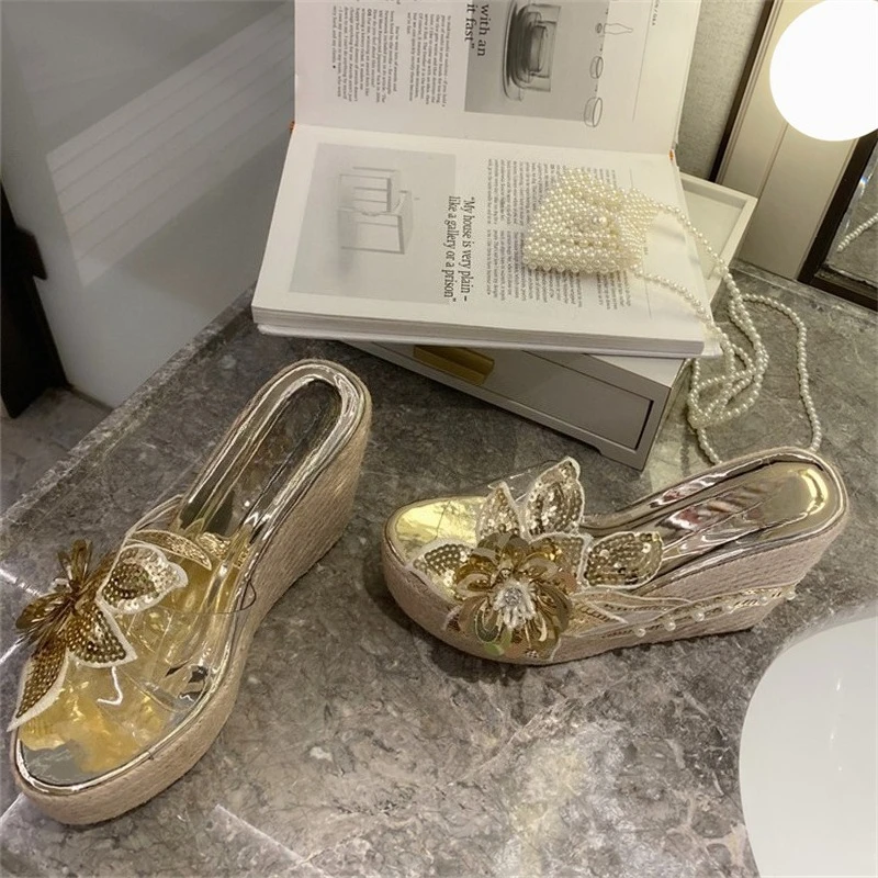 Aneikeh Fashion Platform Wedges High Heels Bling Sequin Fabric Flower PVC Transparent Women Slippers Summer Banquet Party Shoes view 2