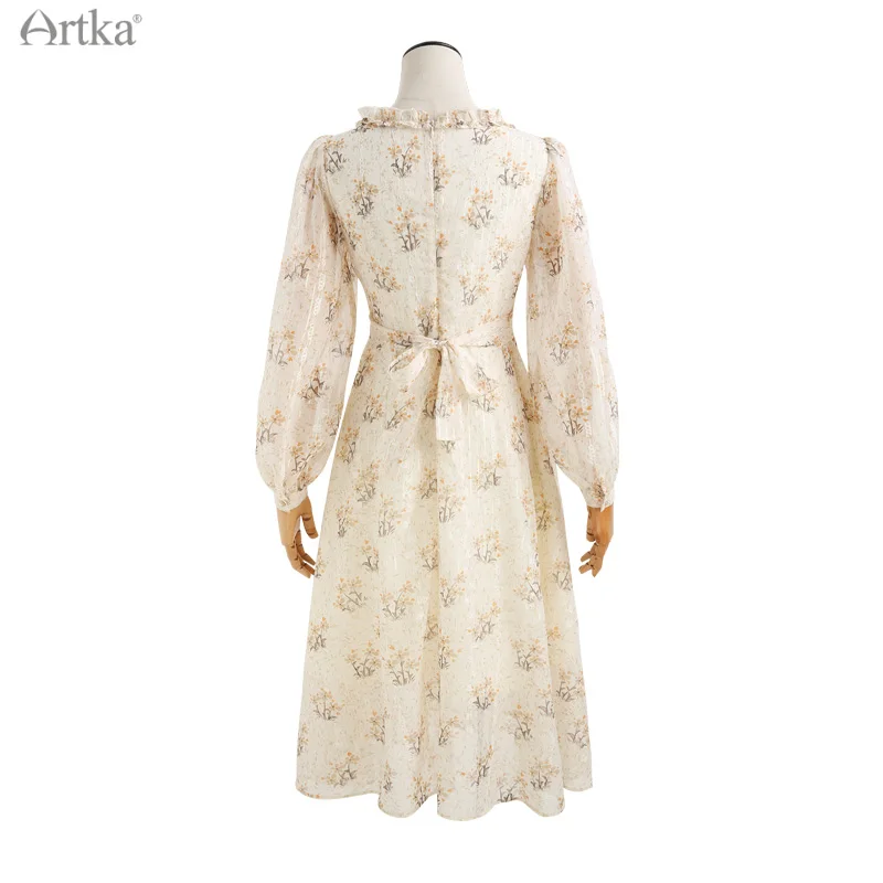 ARTKA 2022 Spring New Women Dress Elegant French Lace Ruffle V-Neck Dresses Long Sleeve Chiffon Floral Midi Dress LA20015Q