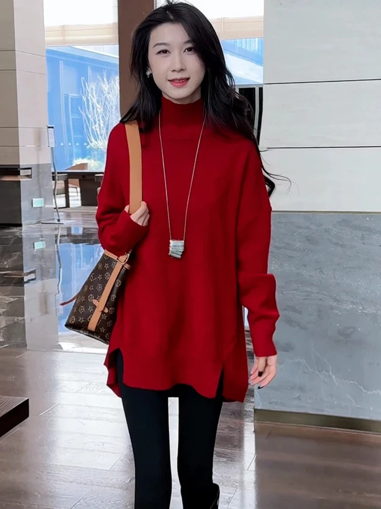 

Красный вязаный свитер с высоким воротником, женский открытый кардиган средней длины, весна 2024, модный дизайн, свободный крой, длинный све