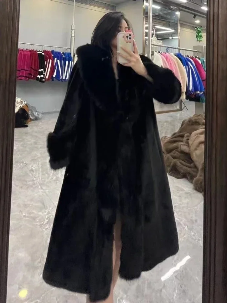 2023 Winter Fashion Fur Coat Women\'s High-End Luxury Mid-Length Fox Fur Collar Mink Fur Coats Warm Elegant Long Fur Jackets