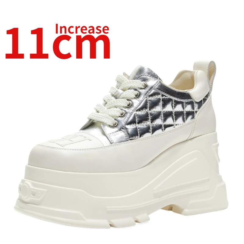 Genuine Leather Thick Bottom 11cm Increase Height Skate Shoes for Women Comfortable Breathable Elevated Heightening Casual Shoes