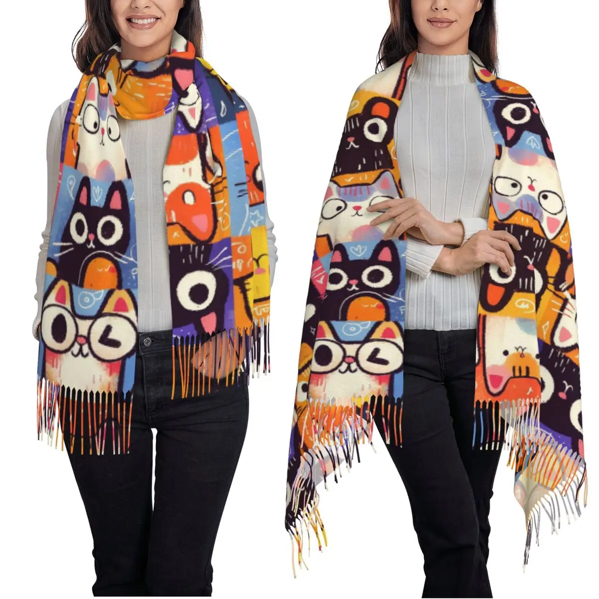 Gatinhos gatos cachecol borla cachecóis feminino macio quente xales e envoltórios longo outono inverno xale envoltório