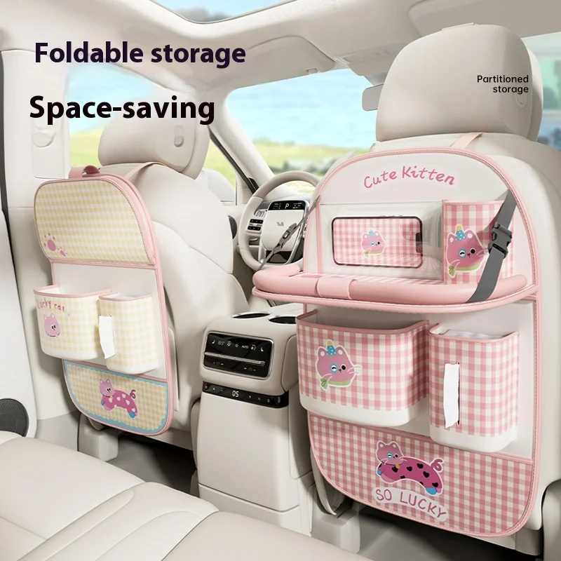 

Cute Car Seat Back Storage Pocket Cats Print Kick Mat Car Accessories Foldable Table Board Vehicle Organiser Hanging Bag