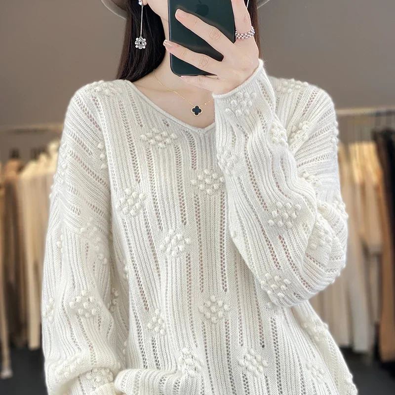 Tailor Sheep New 23  Knitted Women's Sweater V-Neck Hollow Out 100 Wool Sweater Thin Fashion Versatile PulloverTop Solid Color