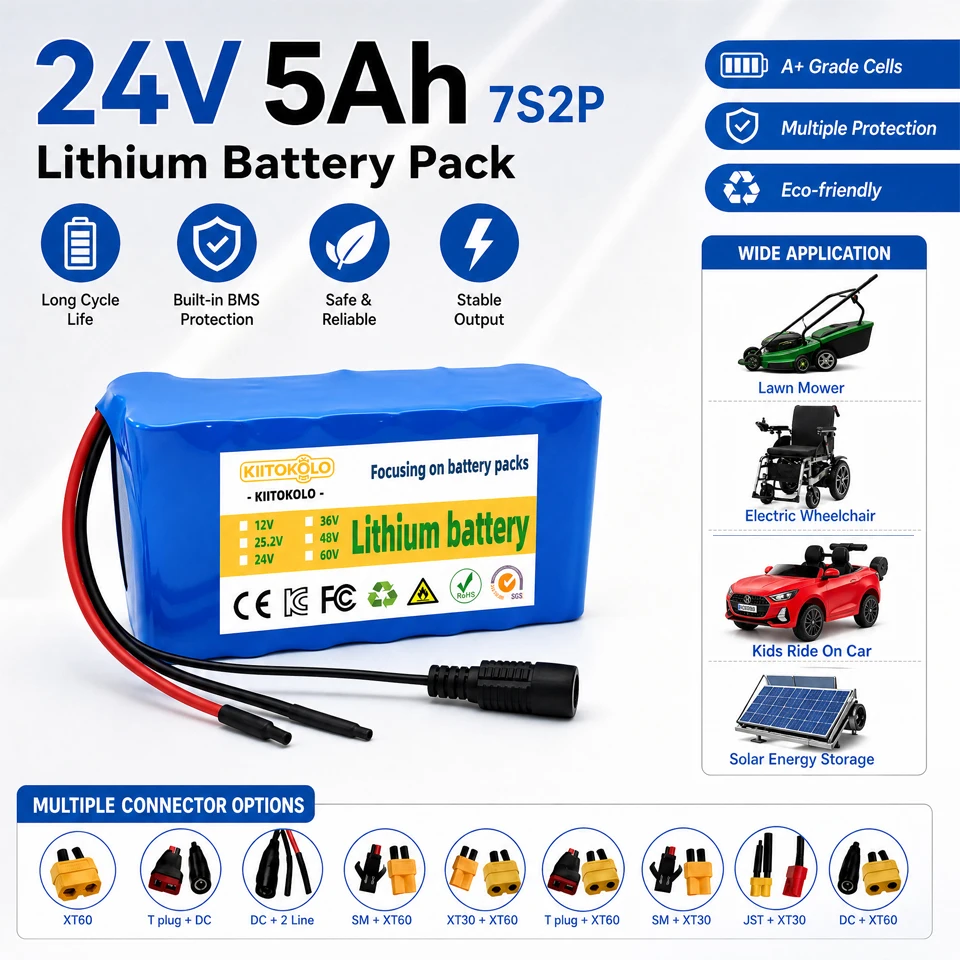 7S2P 24V 5Ah Lithium Battery Pack 29.4V with BMS Rechargeable Li-ion Battery for Lawn Mower RV Solar Storage Electric Wheelchair