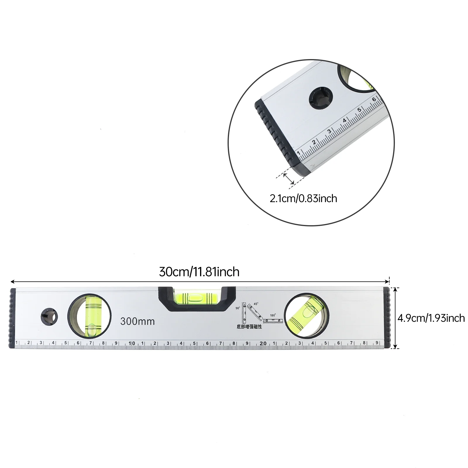 300mm Metric Scale Magnetic Angle Level Ruler for Building / Decoration Measurement with Blister Design,Shock Absorbing End Caps