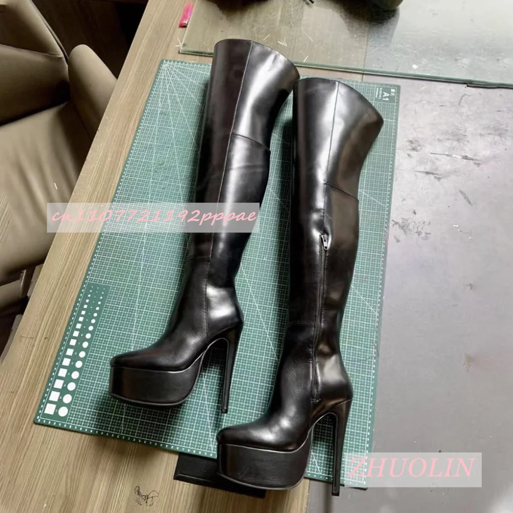 Herbstliche schwarze Lackleder-Plateau-Overknee-Stiefel für Damen, Stiletto-Absatz, seitlicher Reißverschluss, lange Stiefel, Party, große Stiefel, Größe 46