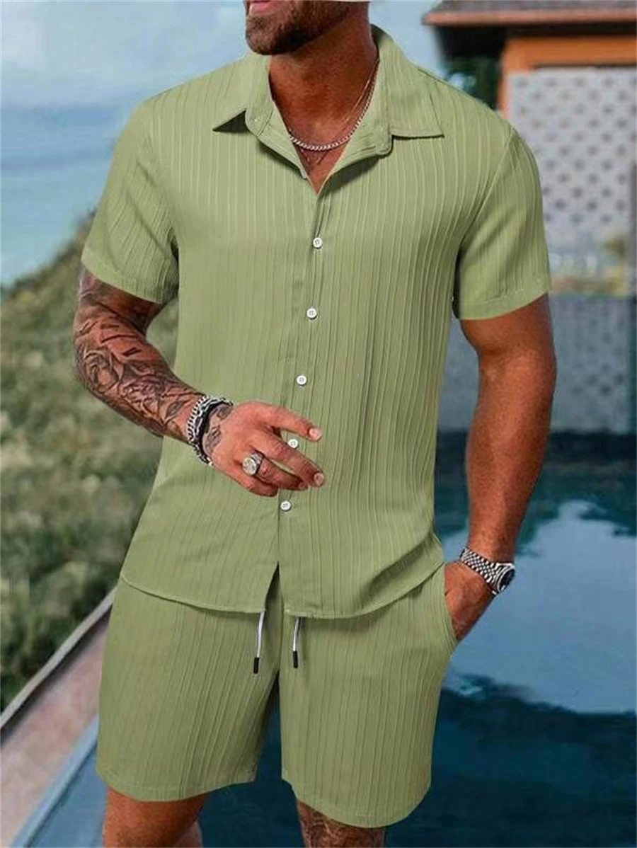 Conjunto de Dos Piezas de Verano para Hombre, Camisa Informal Deportiva para la Playa, Color Sólido, Holgada, de Manga Corta, Pantalones Cortos de Playa