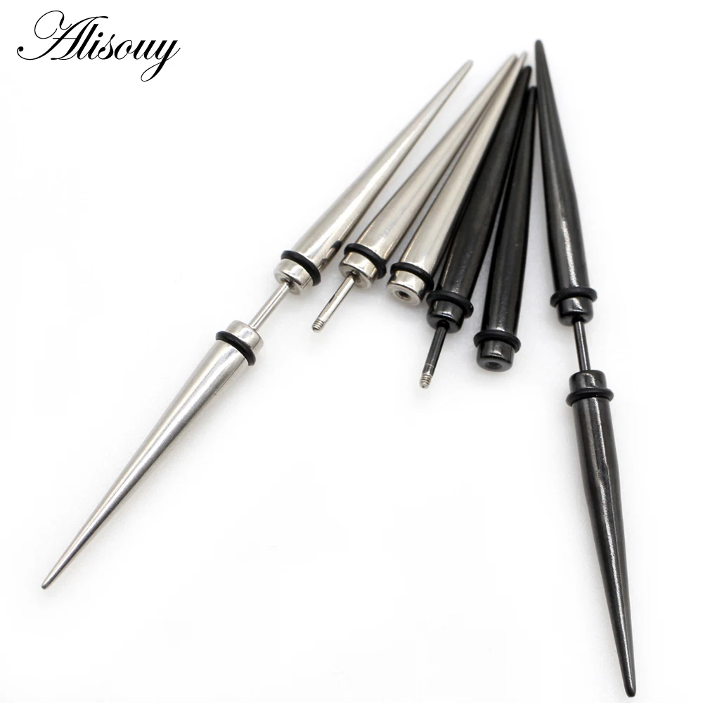 Alisouy 2Pieces Unisex Stud Earrings Hiphop Punk Spike Cone Stainless Steel Dumbbell Barbell Ear For Men Women Piercing Jewelry