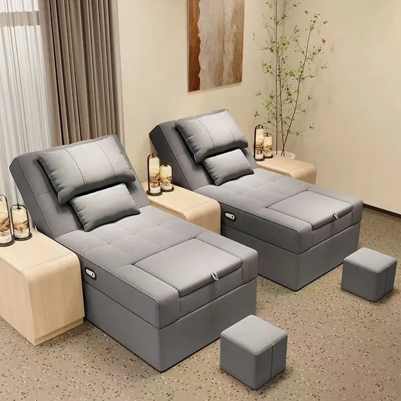 Wooden Electric Foot Spa Recliner with Massage Bed Thai Style Soak Tub Integrated Wash Basin for Home Relaxation