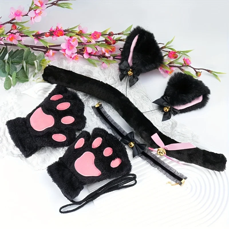 5Pcs Halloween Party Ears Set Plus Cute Paw Gloves Cosplay Animation Exhibition Character Handmade Plush Props Hair Accessor