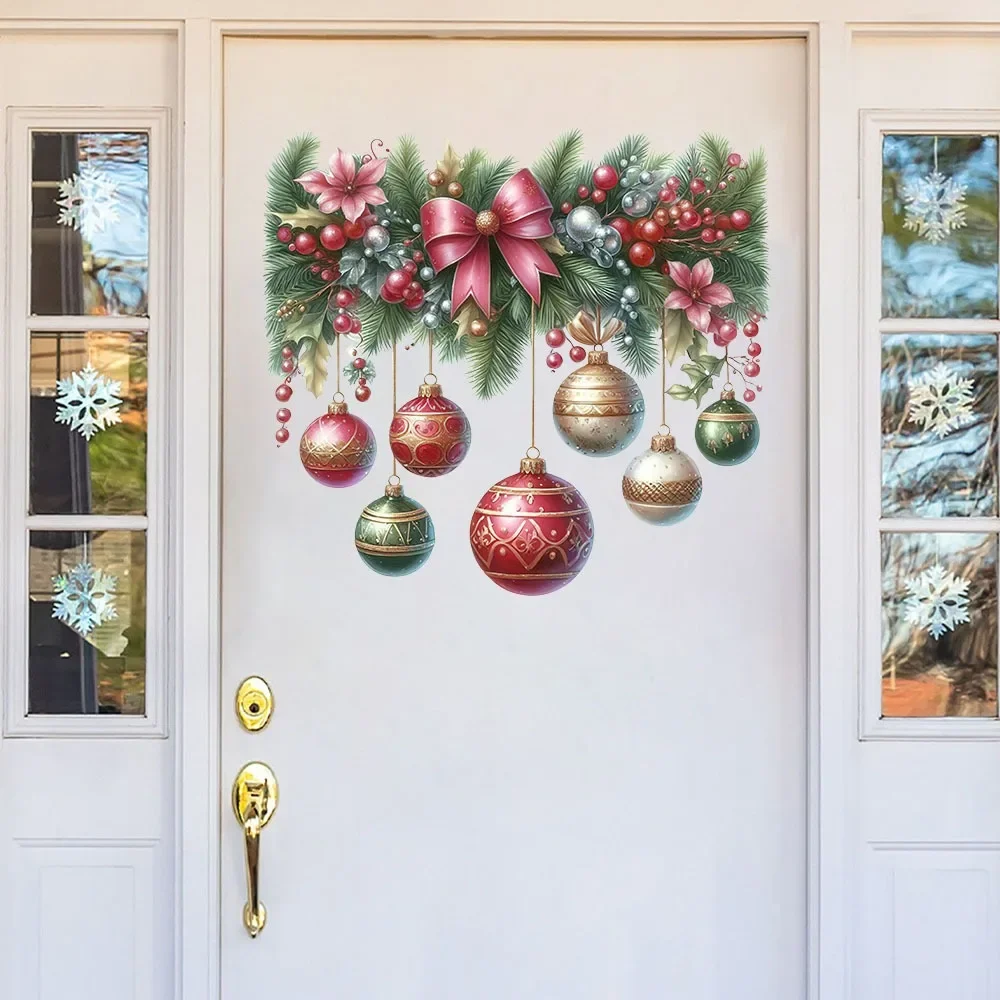 Christmas Decoration Wreath Door Sticker Xmas Ball Pendants Self-adhesive Sticker Merry Christmas Wall Decor Happy New Year 2025