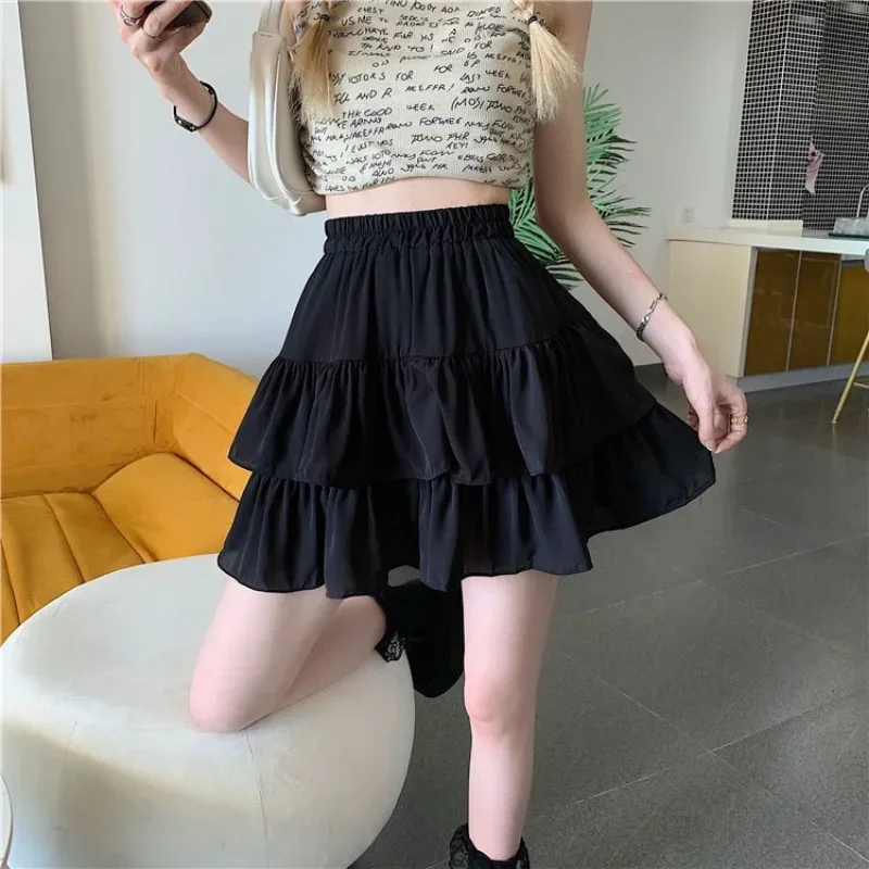 Pleated A-line Skirt White Women Ruffles Sweet Hottie Preppy Style Elastic Elastic Waist Slim Thin SimpleCasual Summer Wholesale