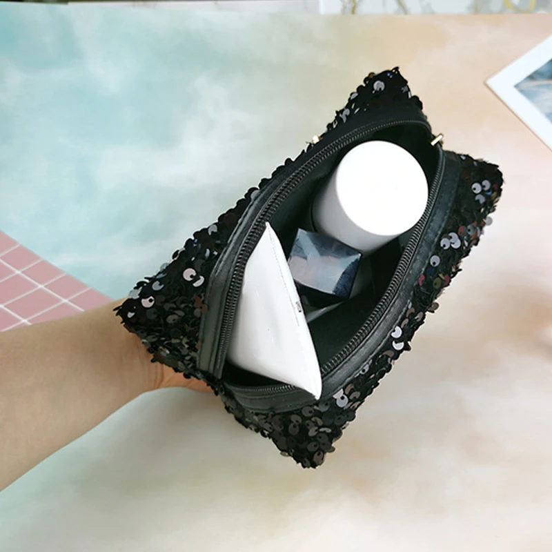 Sac à cosmétiques brodé à paillettes pour femmes, sac de maquillage à paillettes, rangement de voyage, pochette à fermeture éclair de grande capacité, sac à main de toilette