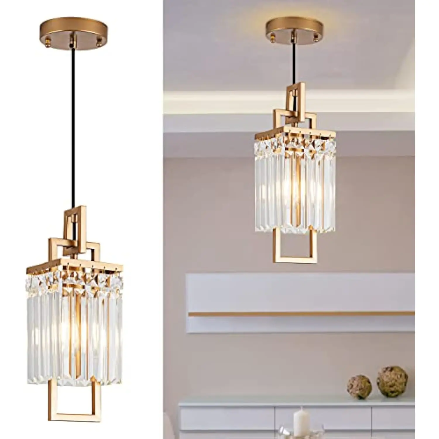 

Modern Gold Pendant Light Fixtures for Kitchen Island and Dining Room, Industrial Small Hanging Crystal Chandelier Light Fixtur