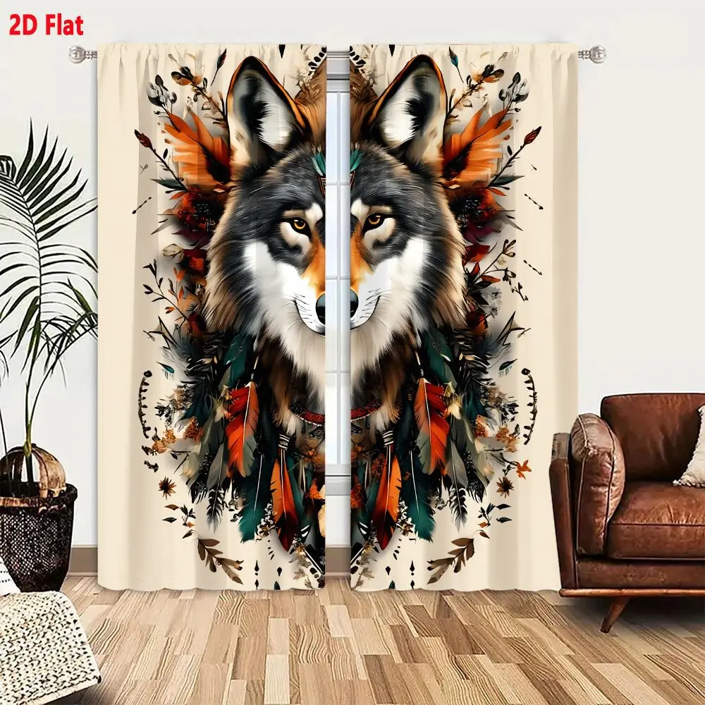 2Pcs Curtains 2D Flat Wolf Head With Turquoise Ornament And Feather Adornments On Beige Background Window Drapes for Bedroom Roo
