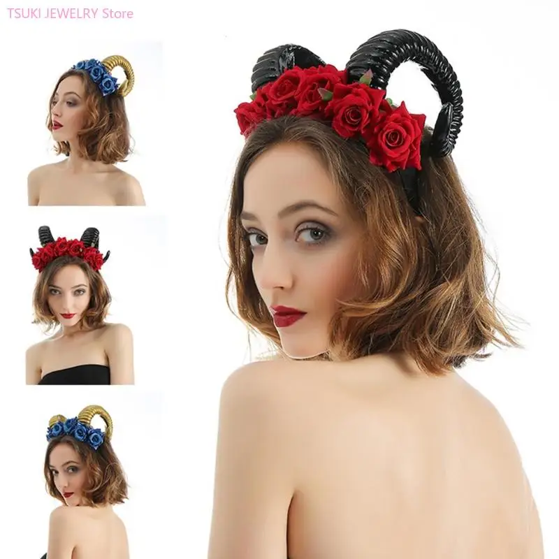 62KE Girls Sheep Horn leadwear Rose Flower Horn Halloween Cosplay Assplay