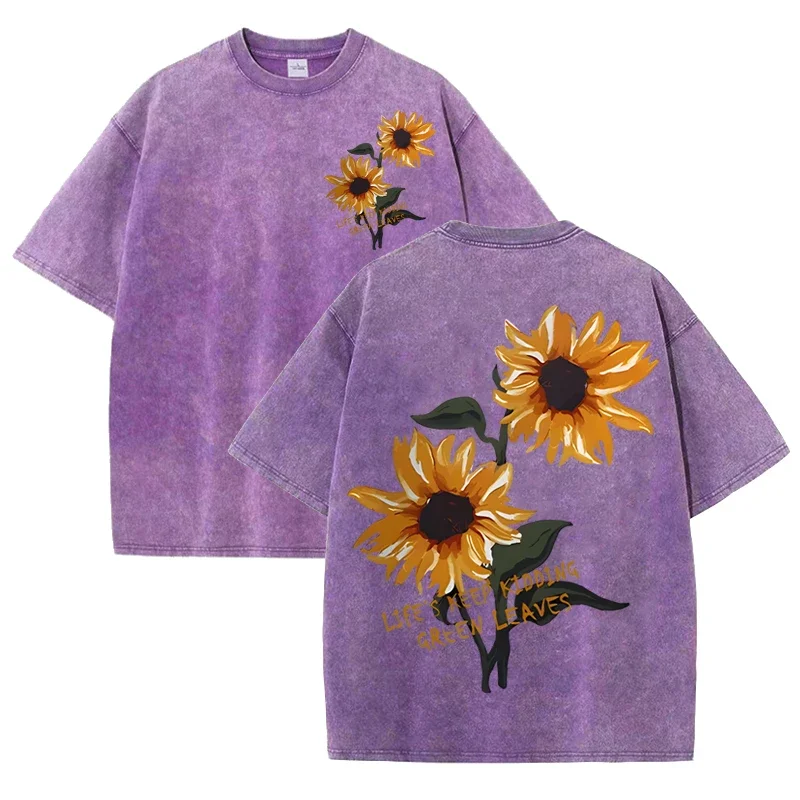 Retro Sonnenblumen-Grafik T-Shirt Grün Acid Wash Lässige Streetwear Unisex Tee – Detail 10