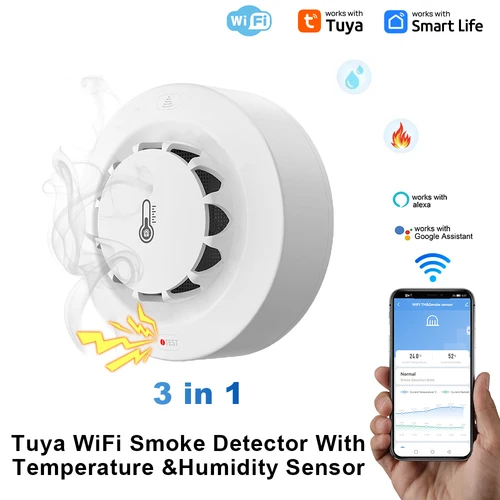 Imagen 2 del producto Tuya Wifi BT Detector de humo de dos conexiones dispositivo de medición de temperatura humedad 80dB alarma de sonido función de alerta de empuje remoto
