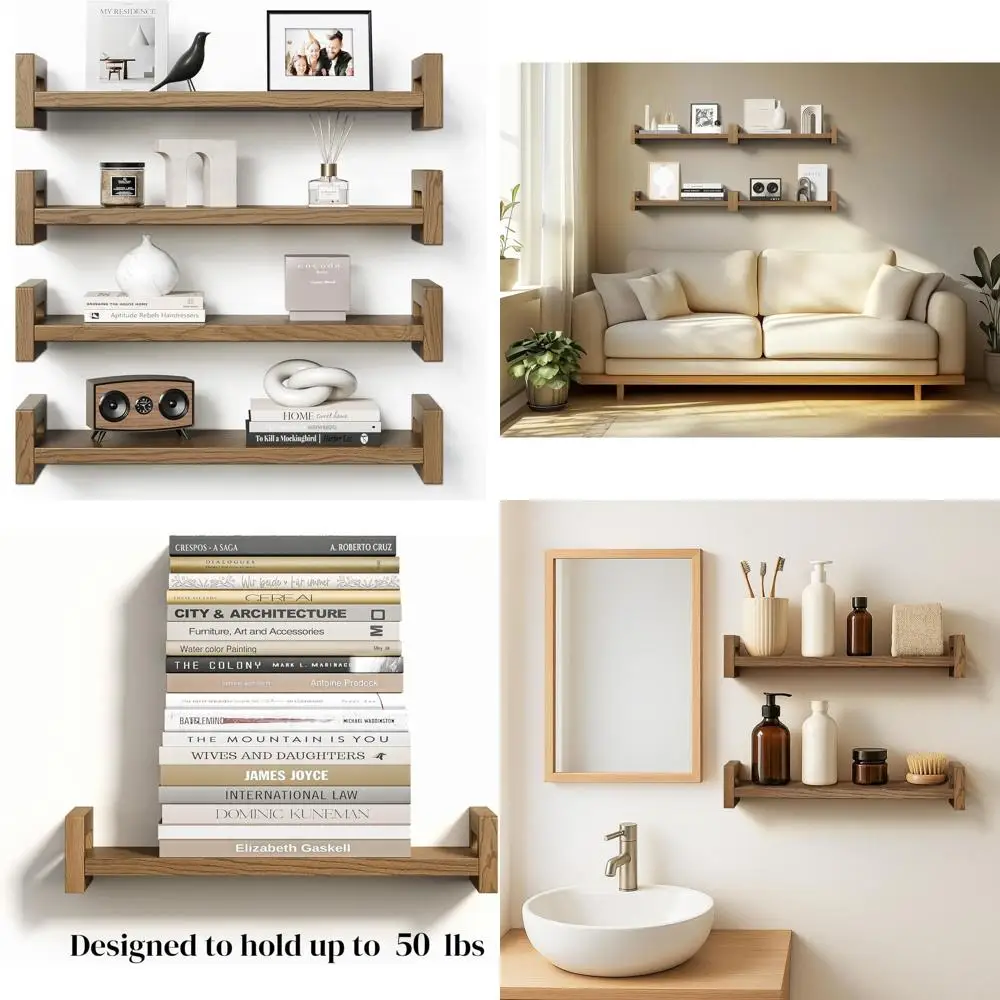 

Set of 4 Rustic Walnut Solid Wood Floating Shelves, 16 Wall Mount for Home Decor in Bedroom, Living Room, Bathroom, Kitchen