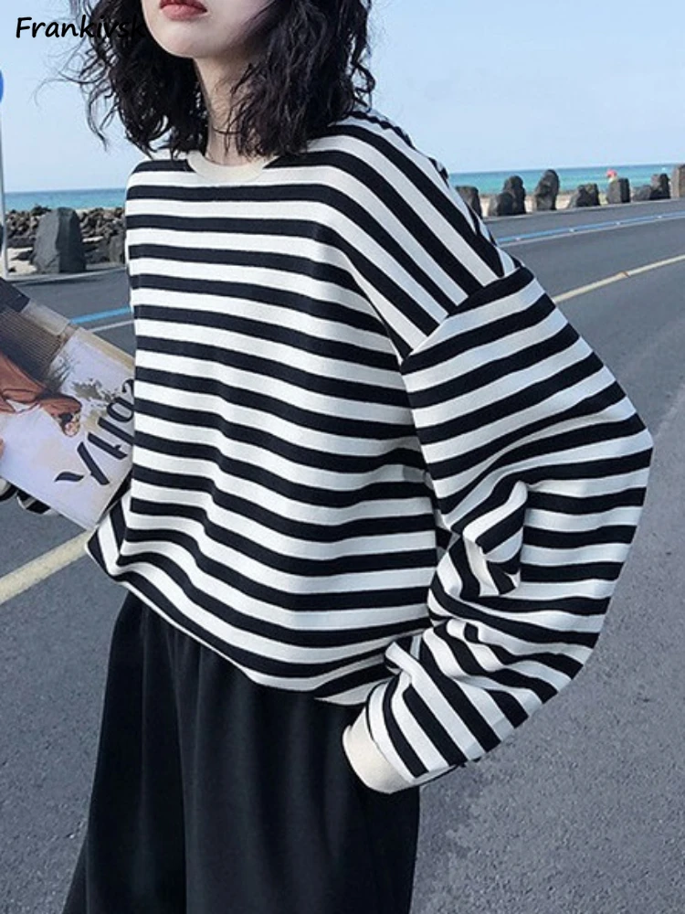 

Sweatshirts Women Striped Korean Style Autumn Leisure Trendy All-match Students Youthful Vitality Classic Simple Gentle Chic