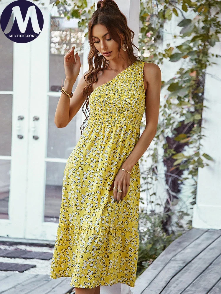 

Elegant and Pretty Women's Printed Sleeveless Dress Diagonal Collar Dress Fashionable Slim Sexy Women's Clothing Summer New 2025