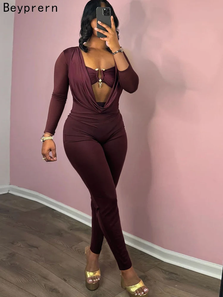 

Beyprern Hot Women's Cutout Buckle Draped Skinny Jumpsuits One Piece Outfits Fashion Long Sleeve Metal Romper Night Out Overalls