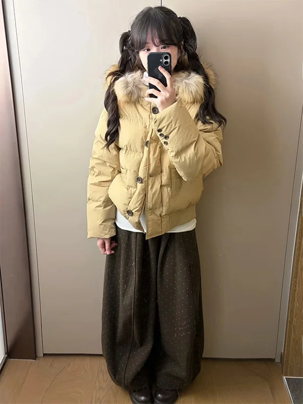 

Корейская винтажная утепленная хлопковая куртка цвета хаки с меховым воротником и капюшоном, женская зимняя теплая парка нового фасона, свободный крой, длинная модель