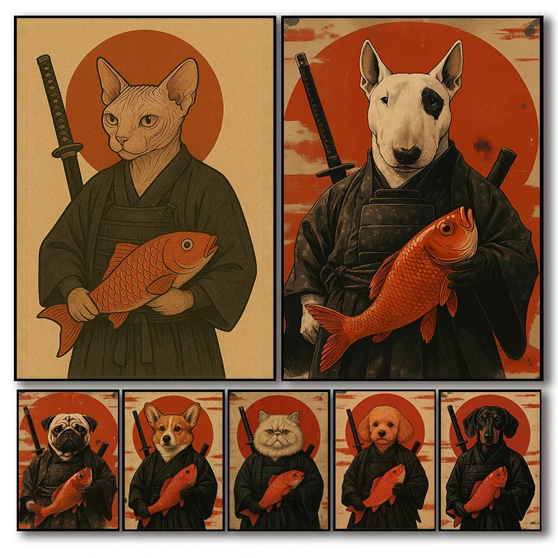 Poodle Dog Ninja Samurai Cat with Fish Posters Bull Terrier Modern Prints Canvas Painting Wall Pictures Home Living Room Decor