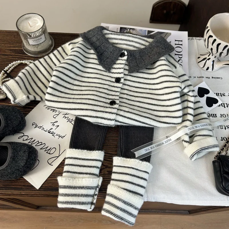 

Korean Children's Clothing 2025 New Autumn Girls Striped Knitted Cardigan Splicing Stacking Socks Leggings Two-piece Set