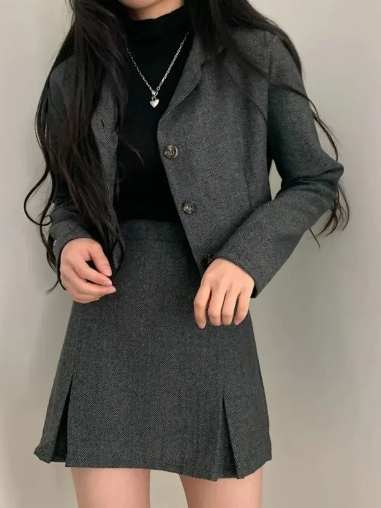 

Chic High Waist A-Line Skirt with Long Sve Suit Jaet for Women Loose Fit Autumn Faion Casual Office Wear