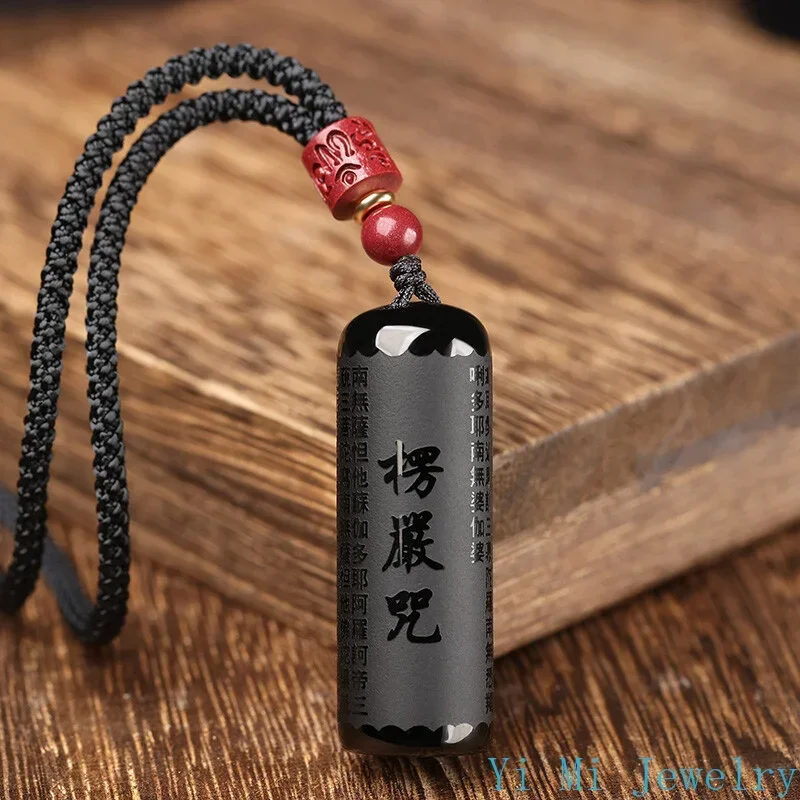 Obsidian Shurangama Mantra Pendant Year Rabbit Heart Sutra Necklace Adjustable Length Perfect Birthday Gift Friends Loved Ones