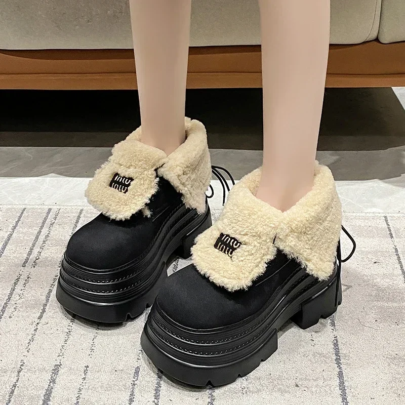 10CM Women Fur Snow Boots Suede High Heels Cotton Shoes Short Plush Casual Platform Ankle Boots Trend Winter Warm Botas De Mujer