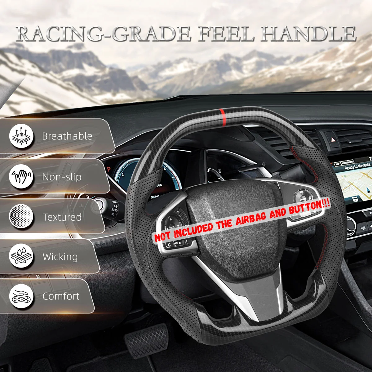 For Honda Civic Gen 10th Type R FK8 2016 2017 2018 2019 2020 Hydro Dip Carbon Fiber Steering Wheel Perforated Leather Steering