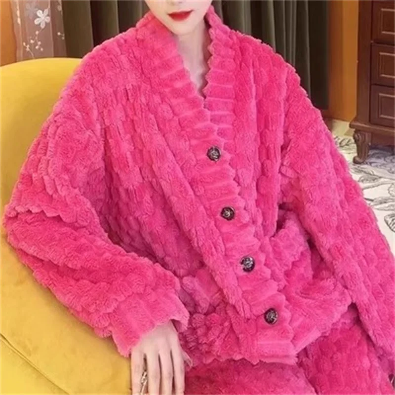 5XL Stripes Women\'s Flannel Cardigan Home Fur Solid Color Loose Coral Velvet Pajama Set Autumn/Winter Pants Two Piece Suit Red