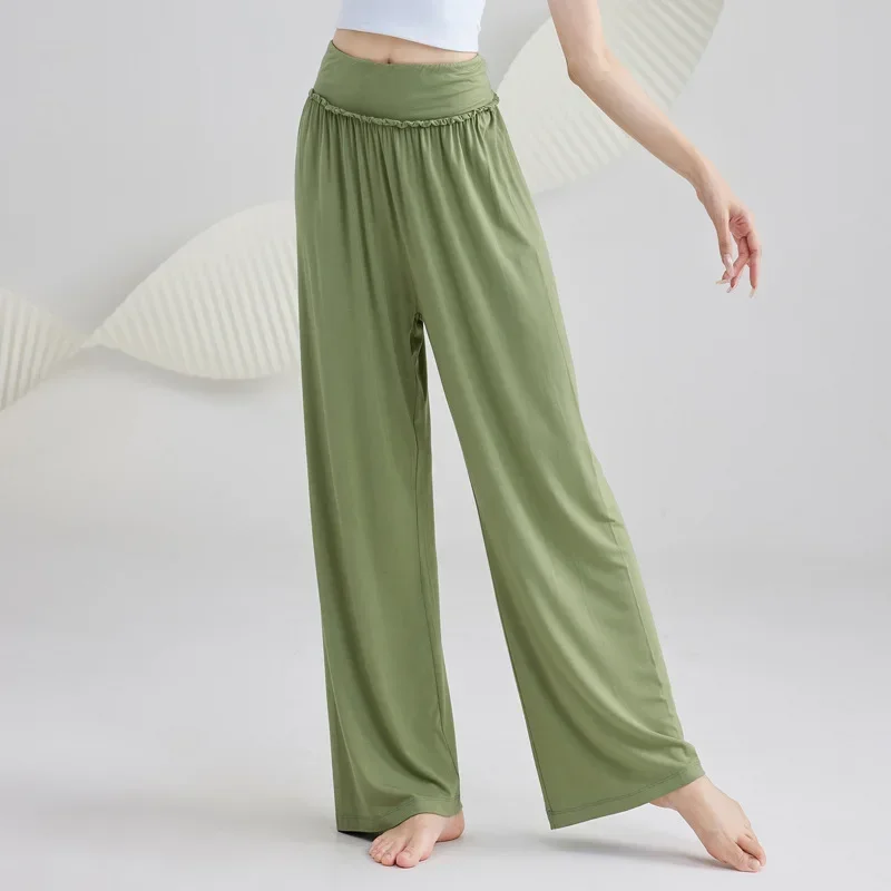 Modale drapierte Tanzhose für Damen, lockere, gerade Sommer-Übungskleidung, klassische Tanzhose mit weitem Bein, schlankmachend, modern