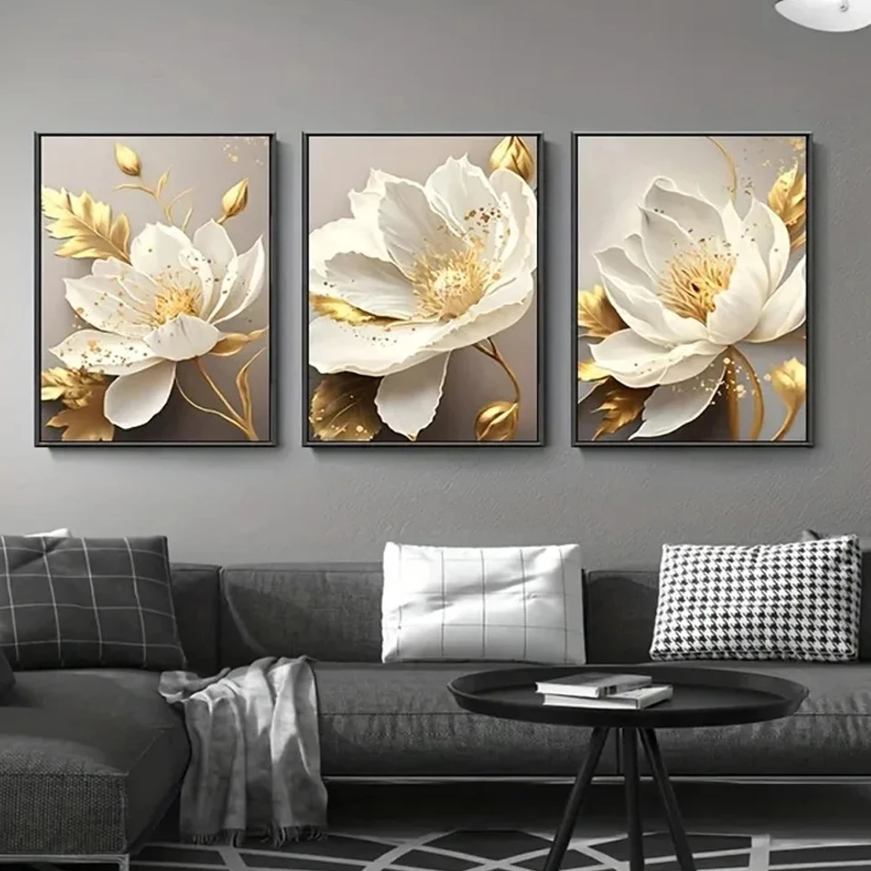 Постер на холсте с изображением золотых растений, белых цветов, 3 шт.