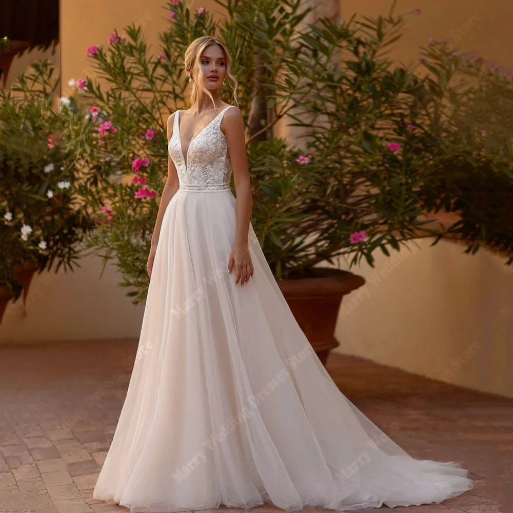 魅力的な A ラインのウェディングドレスセクシーなディープ V ネックレースフラワープリントノースリーブプリンセスブライダルドレス背中の開いた Vestido カスタマイズ