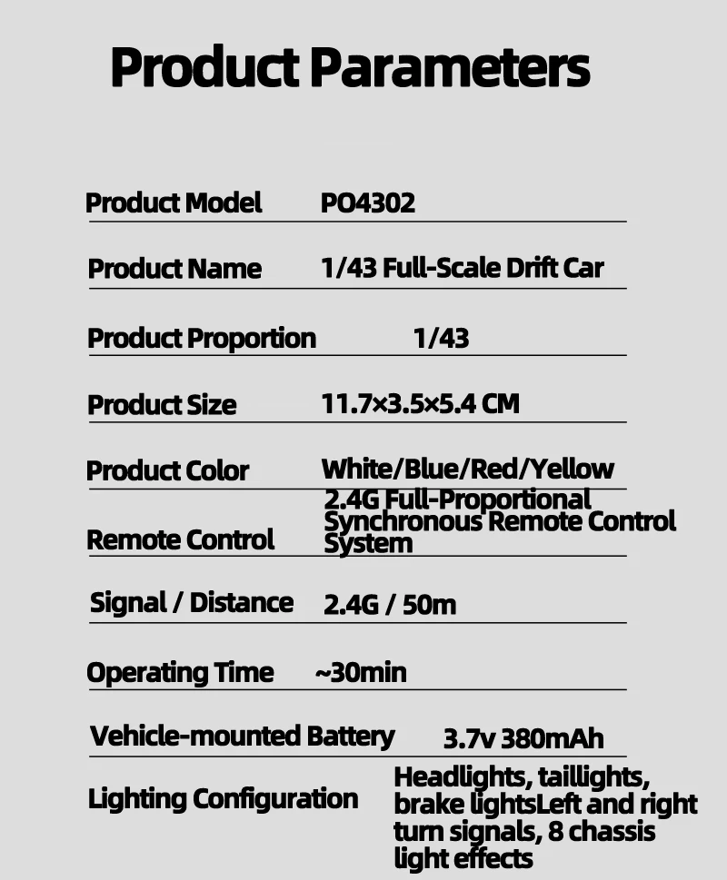 JXC PO4302 1:43 Mini High Speed 4WD RC Drift Racing Car 2.4G 20KM/H Full Proportional Throttle 8‑Color LED Light Hobby Toy Gift