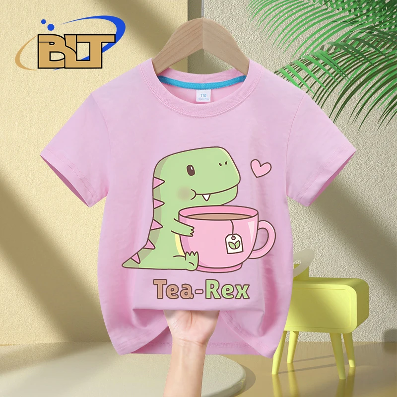 T-shirt estampada bonito do chá-rex do dinossauro Hugging Teacup para crianças, algodão puro, manga curta, tops casuais para meninos e meninas, verão