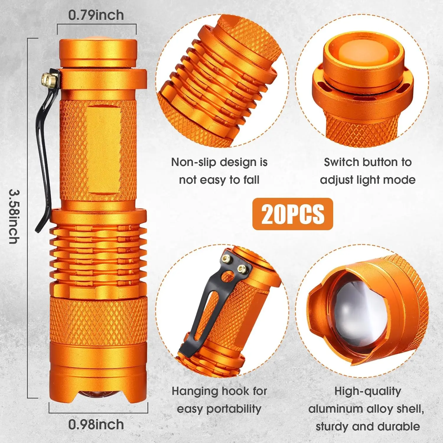 Imagem -02 - Pequena Luz de Bolso Resistente à Água Lâmpada Tática Foco Ajustável Lanterna Caneta Zoomable para Caminhadas Interiores e Exteriores Laranja