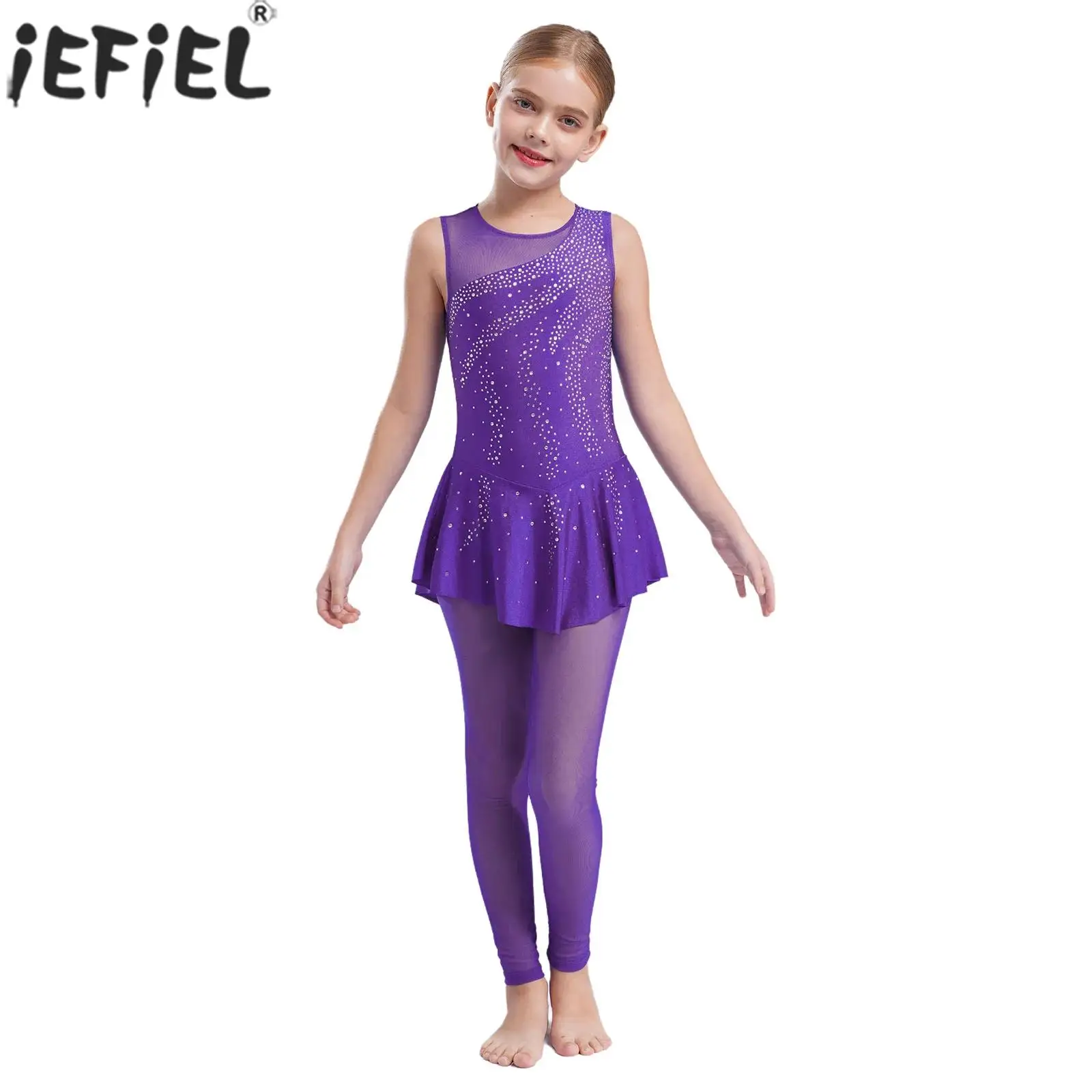 

Teen Girls Sleeveless Shiny Rhinestones Mesh Figure Skating Jumpsuit Ballet Gymnastics Acrobatics Lyrical Dance Skirted Leotard