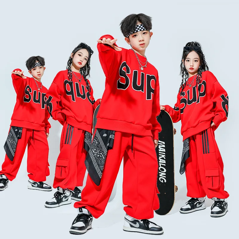 Children Boys Grils Streetwear Hip Hop Show Sets Performance Dance Clothes Kids Long Sleeve Pullover Sweatshirt Pants Tracksuits